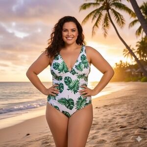 NEW One Piece Swimsuit Plus 2XL Leaf Pattern Ruched Full Coverage White Green‎